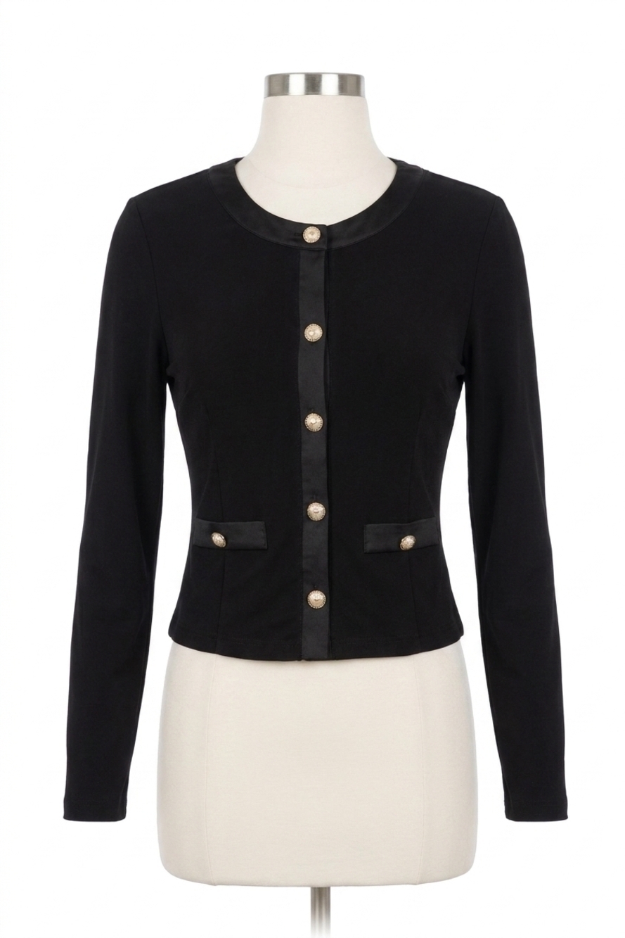 NEW JOSEPH RIBKOFF satin trim button front jacket in black